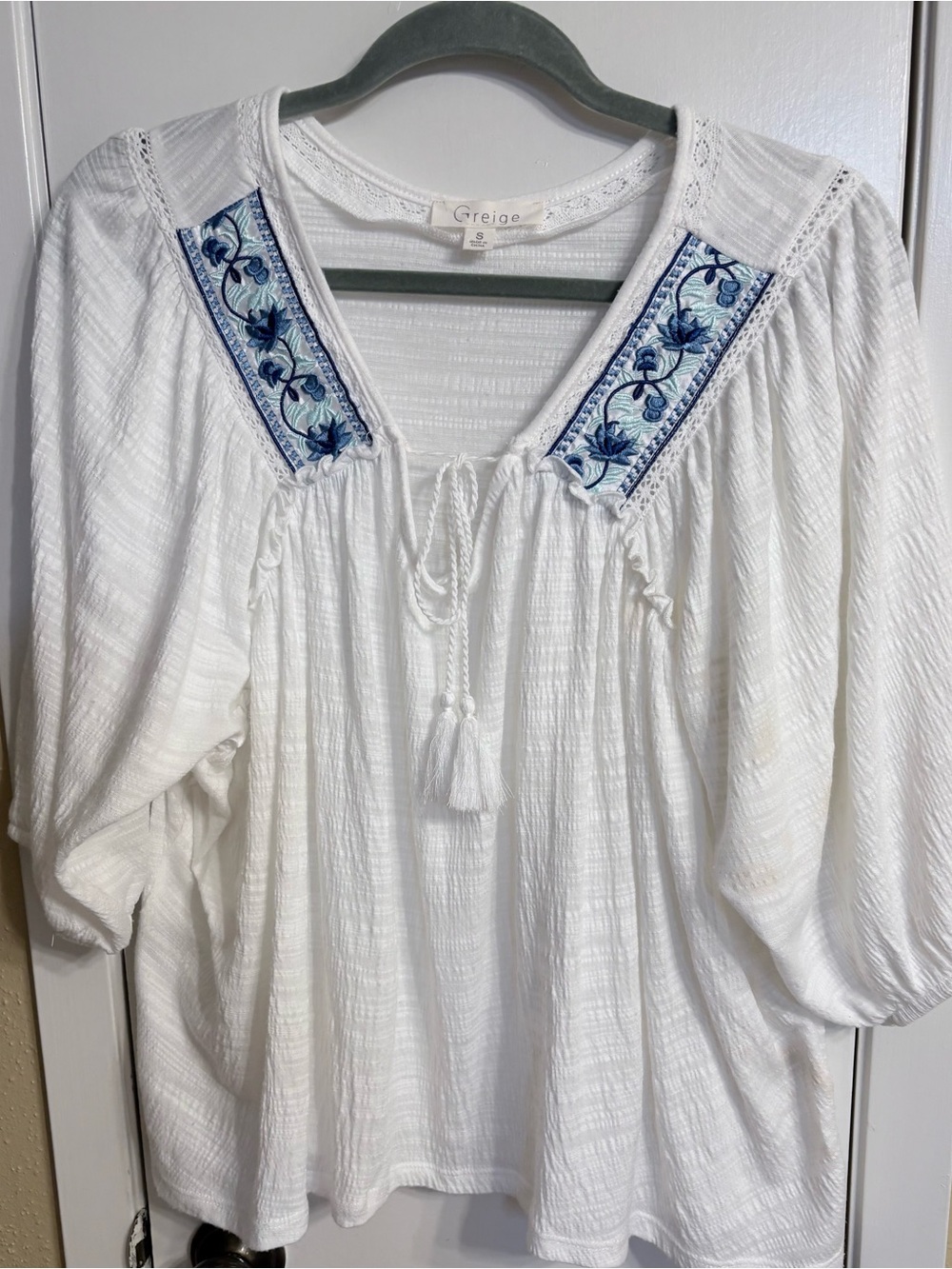 Greige White Tunic Top with Blue Embroidered Yoke